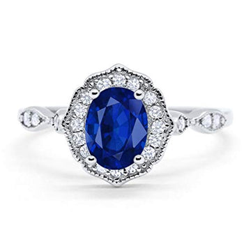 Antique Style Wedding Ring Oval Simulated Blue Sapphire CZ 925 Sterling Silver